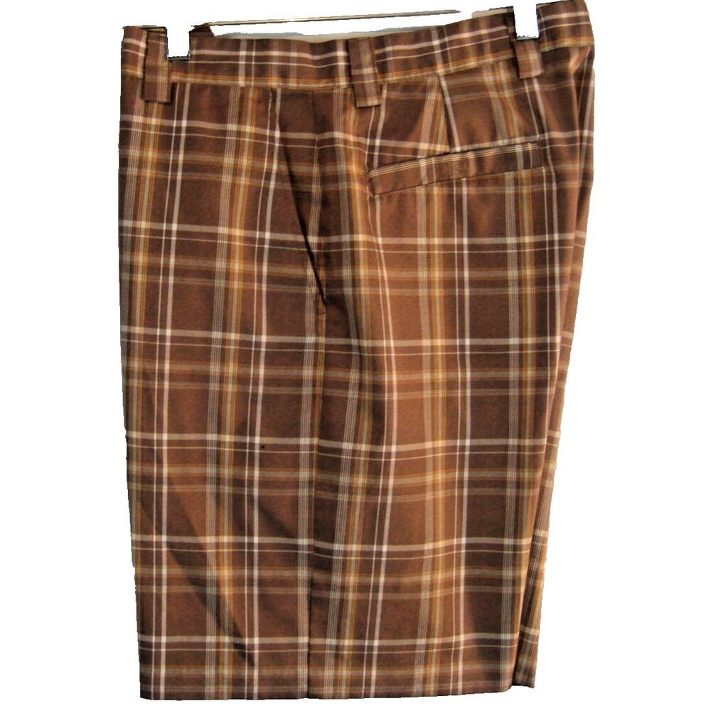 Mens Izod XFG Brown Plaid Polyester Flat Front Walking Shorts sz 32 x 9